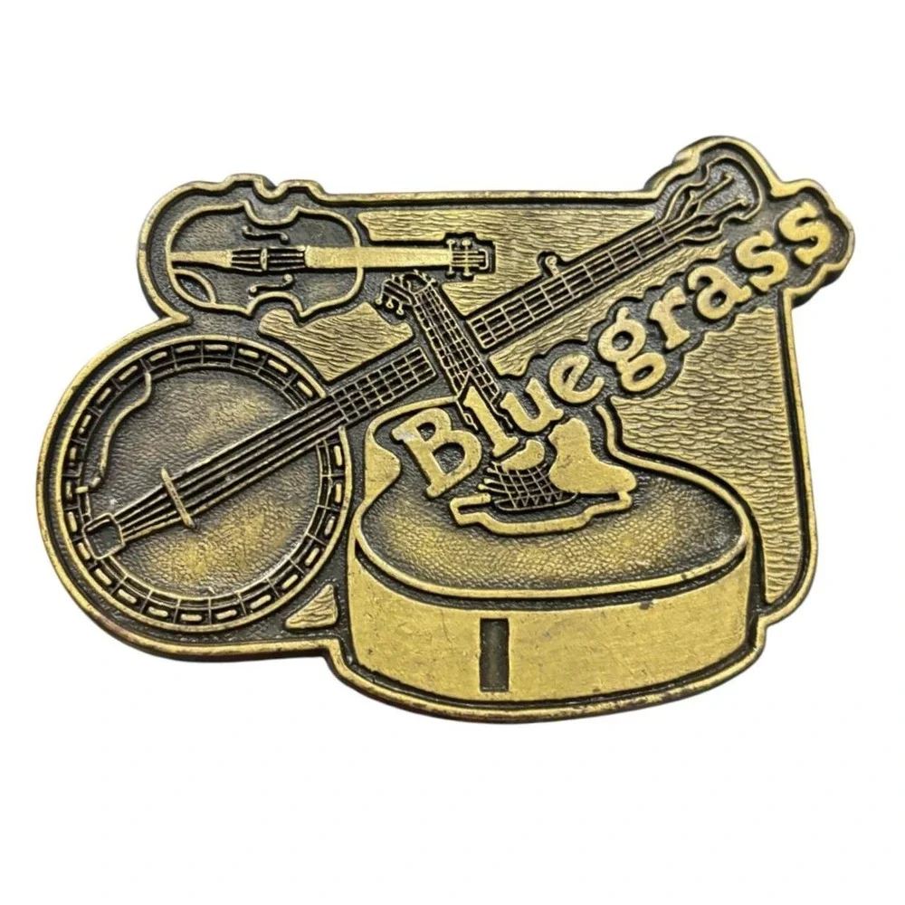 Vintage Western Brass Bluegrass Belt Buckle Banjo Guitar Fiddle Relief Mens